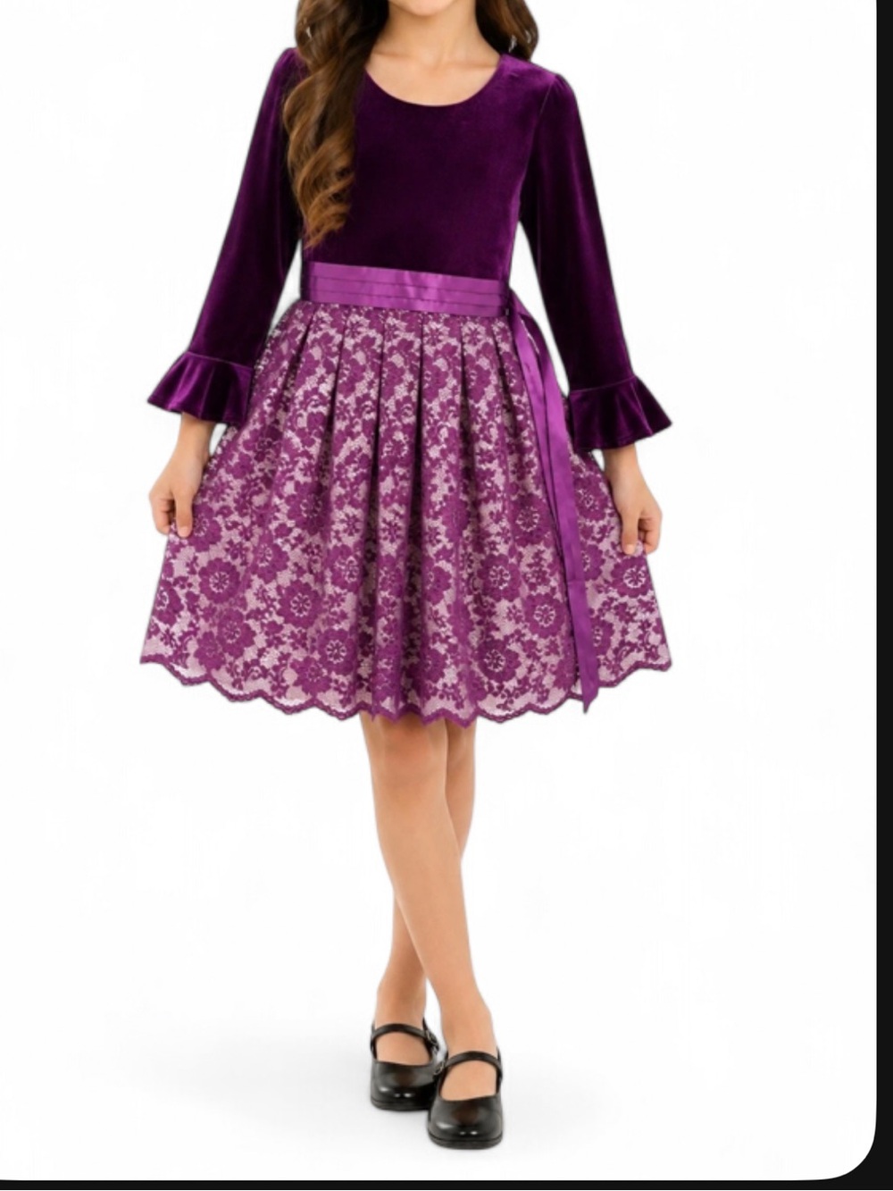 Jona Michelle Purple Velvet & Lace Ribbon Waist Party Dress